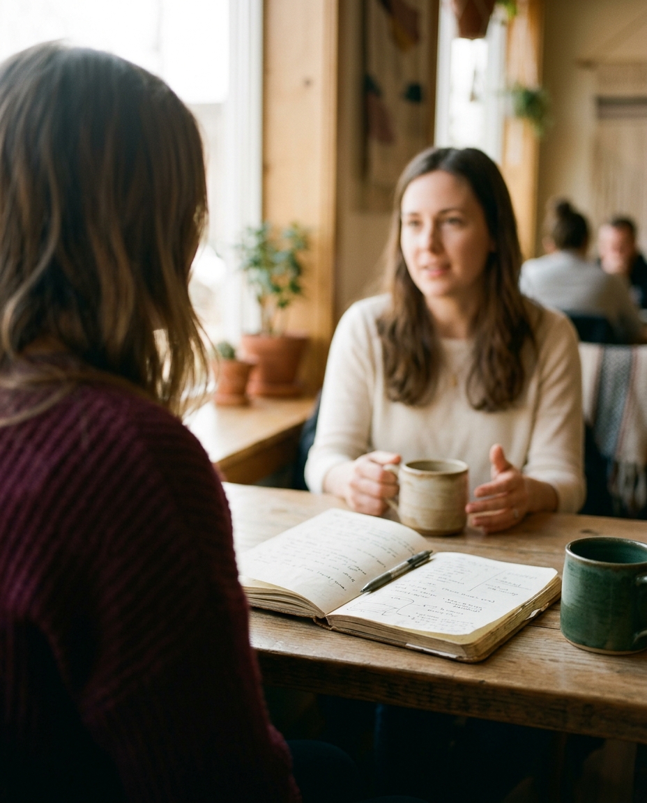 The founder mid conversation across a table, notebook open