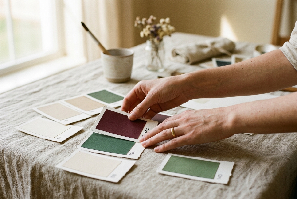 Detail shot of hands arranging printed colour swatches on linen