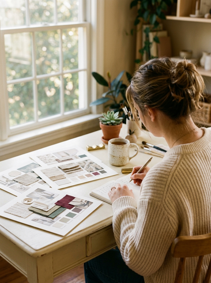 Portrait of the founder at her desk in warm natural light, 3:4