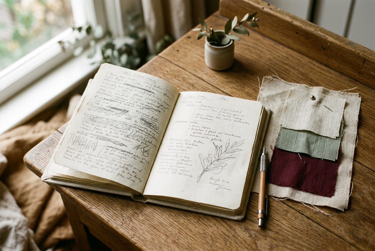An open notebook with a handwritten brief beside fabric swatches