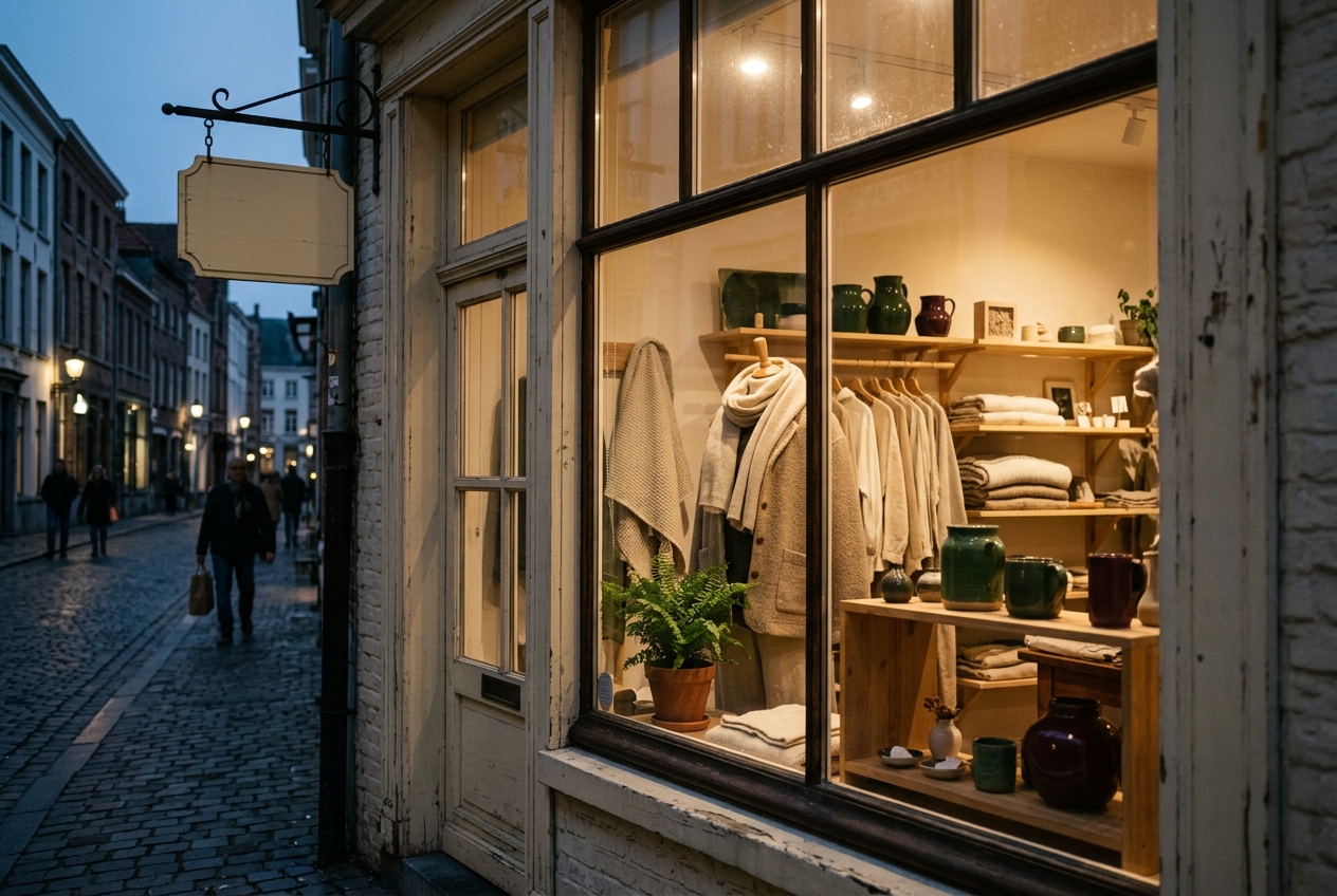 A shop window reflection with warm interior light and a closed sign