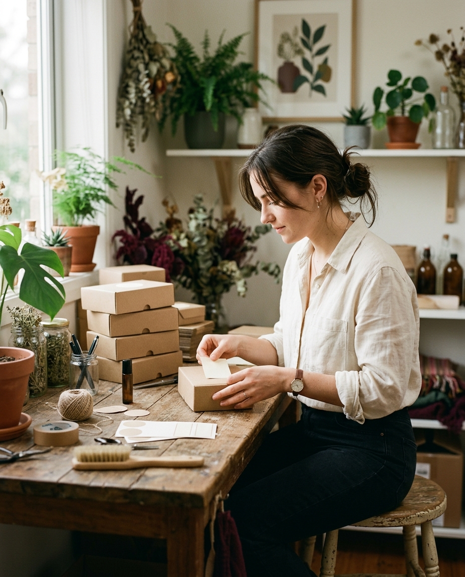 A young founder at a workbench labelling her first product boxes