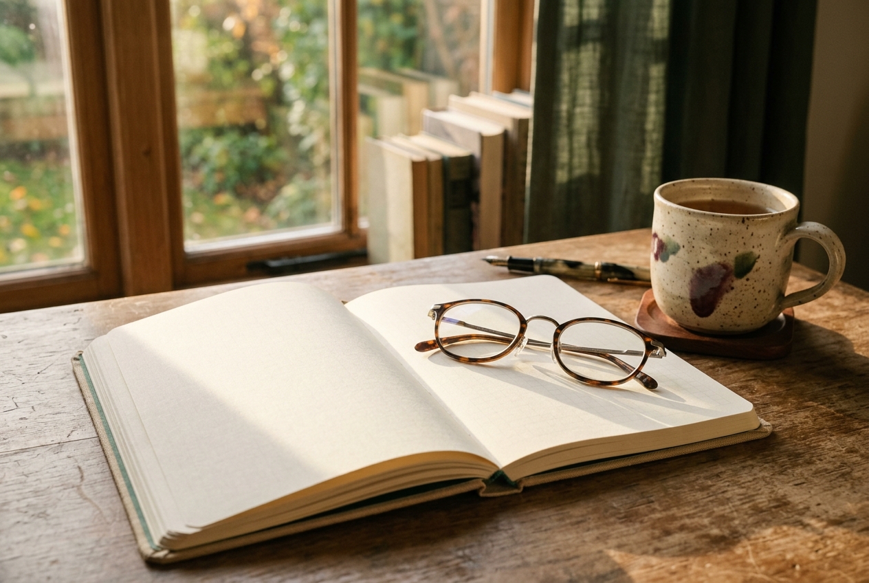 A desk scene with an open notebook, reading glasses and warm shadows