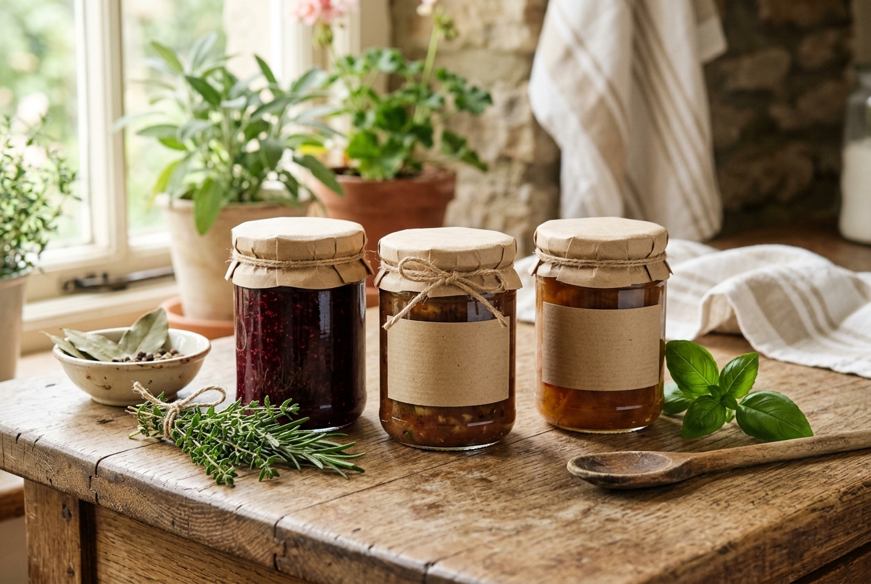 Product jars on a timber counter with handwritten labels and greenery