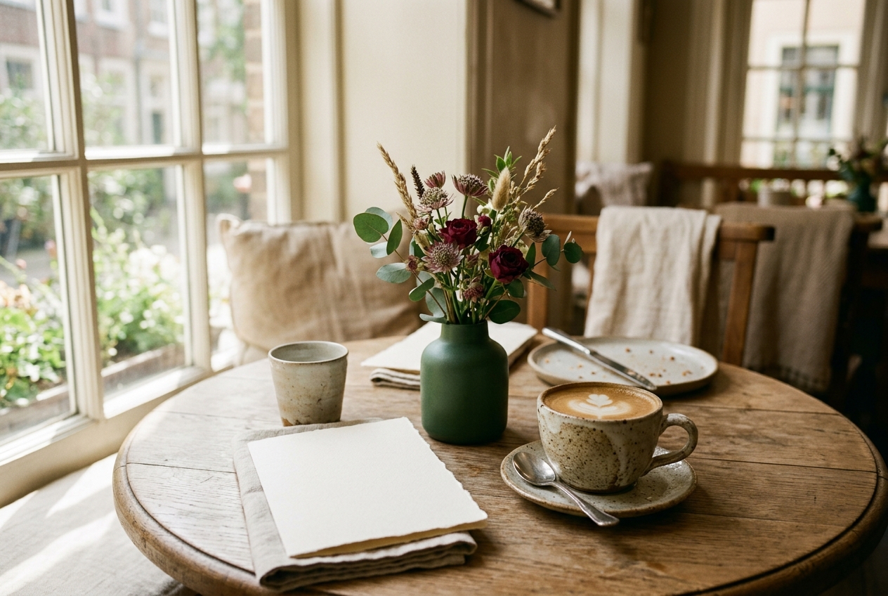 A cafe table with ceramics and a menu card in morning window light