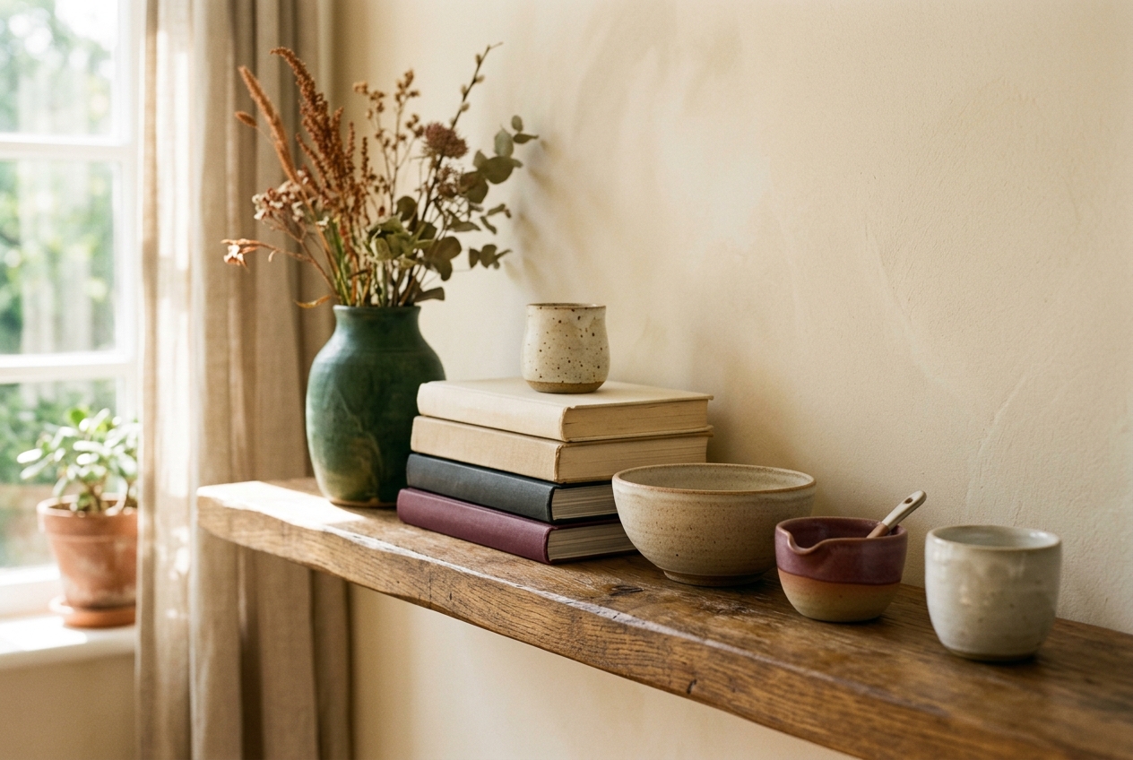 Sunlight across a styled shelf with ceramics, books and a forest green vase
