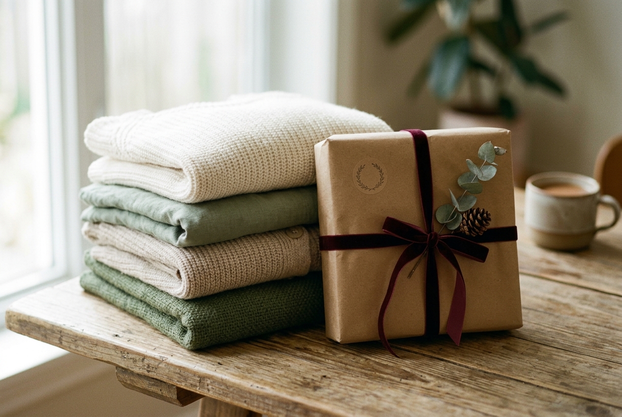 Folded garments in muted tones beside kraft packaging and a burgundy ribbon
