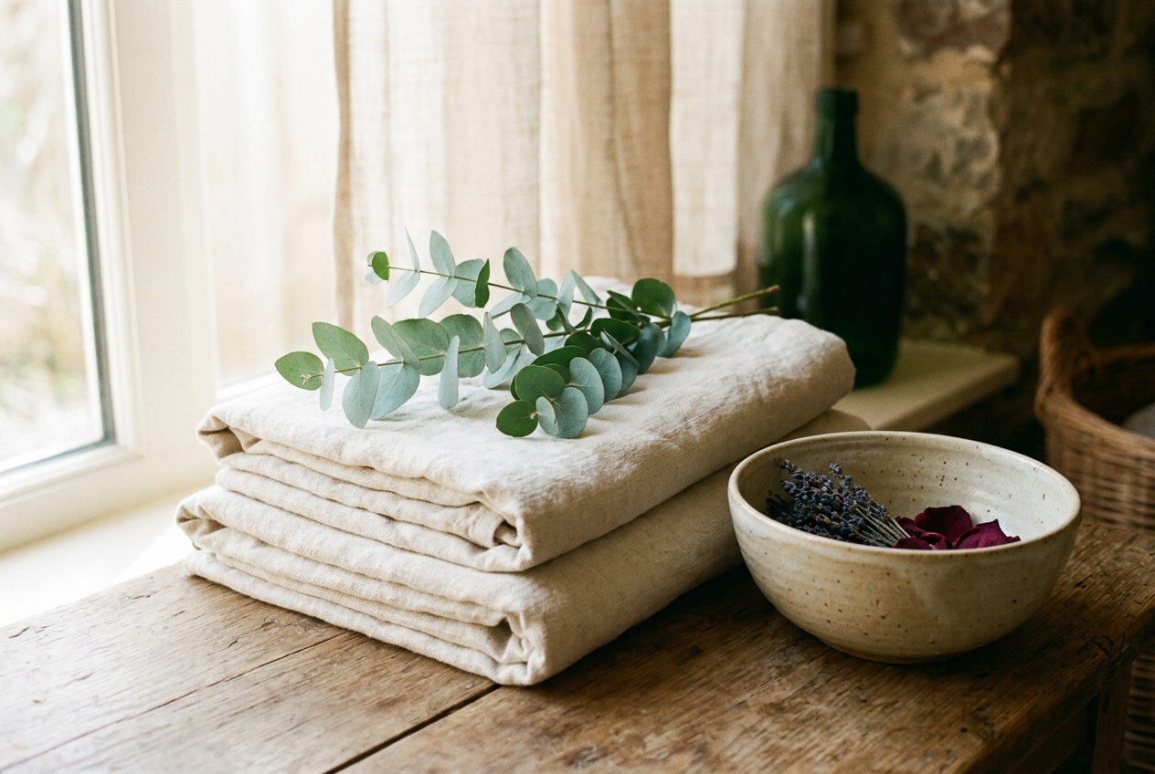 A treatment room detail, folded linen and eucalyptus in soft light